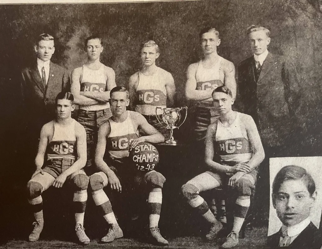 The 1913 state champion Galesburg High School boys basketball team.