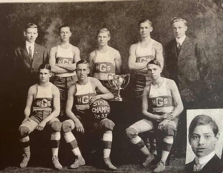 The 1913 state champion Galesburg High School boys basketball team.