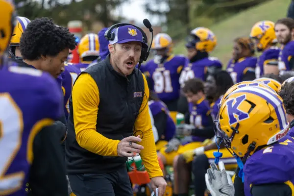 Knox College head football coach Aaron Willits on the sideline with the Prairie Fire. Willits announced his resignation on Nov. 17, 2025, after five seasons leading the program. (KNOX COLLEGE PHOTO)