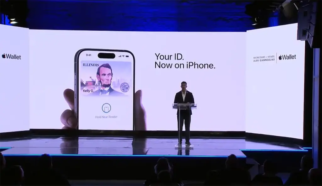 Secretary of State Alexi Giannoulias announces that Illinois drivers will be able to access their IDs via their Apple wallet at a Nov. 18, 2025, event. (Screenshot from Illinois.gov)