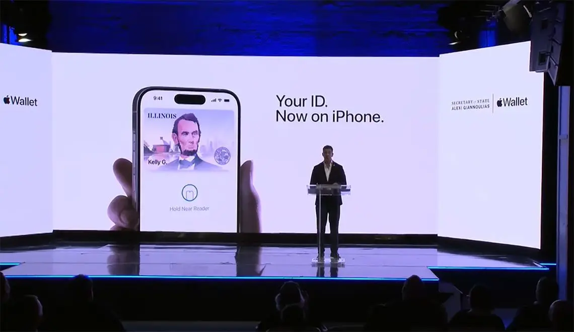 Secretary of State Alexi Giannoulias announces that Illinois drivers will be able to access their IDs via their Apple wallet at a Nov. 18, 2025, event. (Screenshot from Illinois.gov)