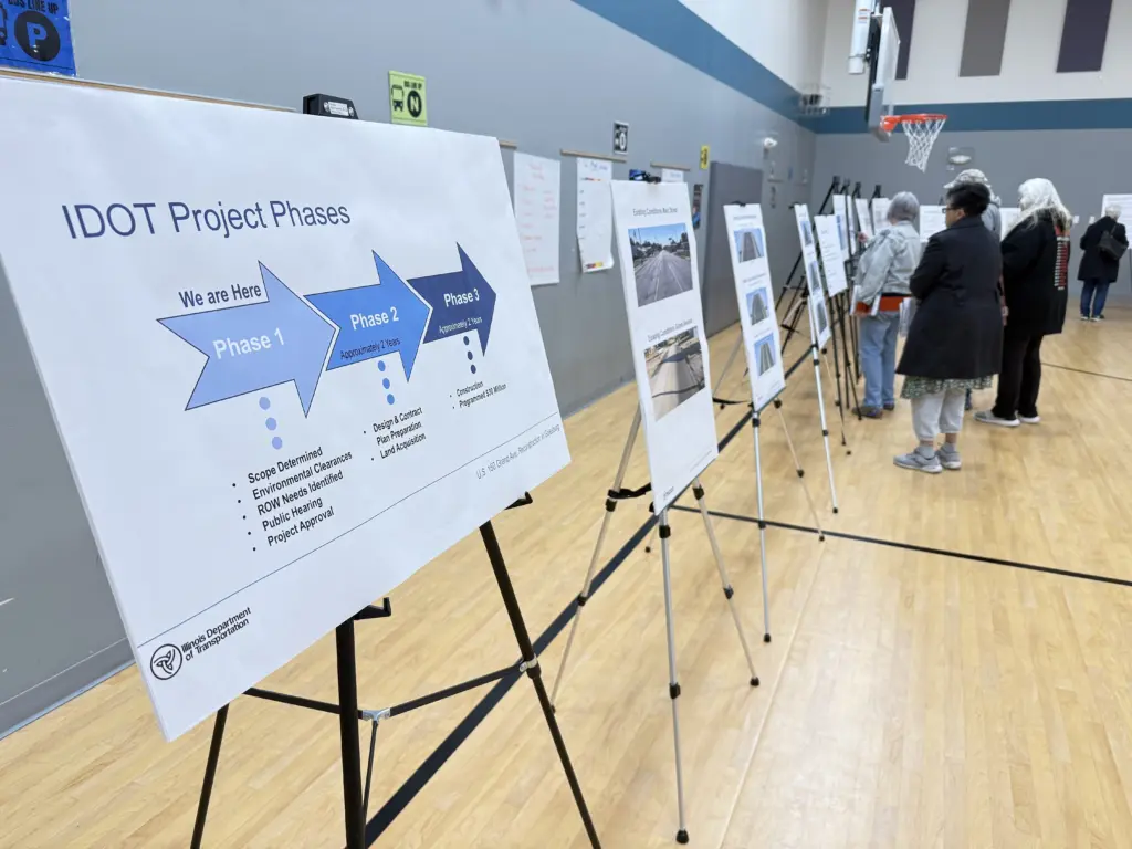 IDOT’s timeline board shows the earliest construction start is 2029. The department is currently in Phase I (study) and expects to finish it next year. (JAY REDFERN/WGIL)
