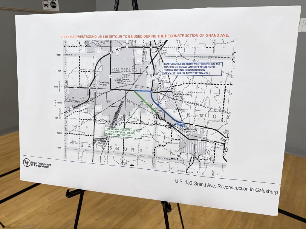 During construction, IDOT plans to keep U.S. 150 one-way eastbound while westbound traffic follows a detour route. (JAY REDFERN/WGIL)