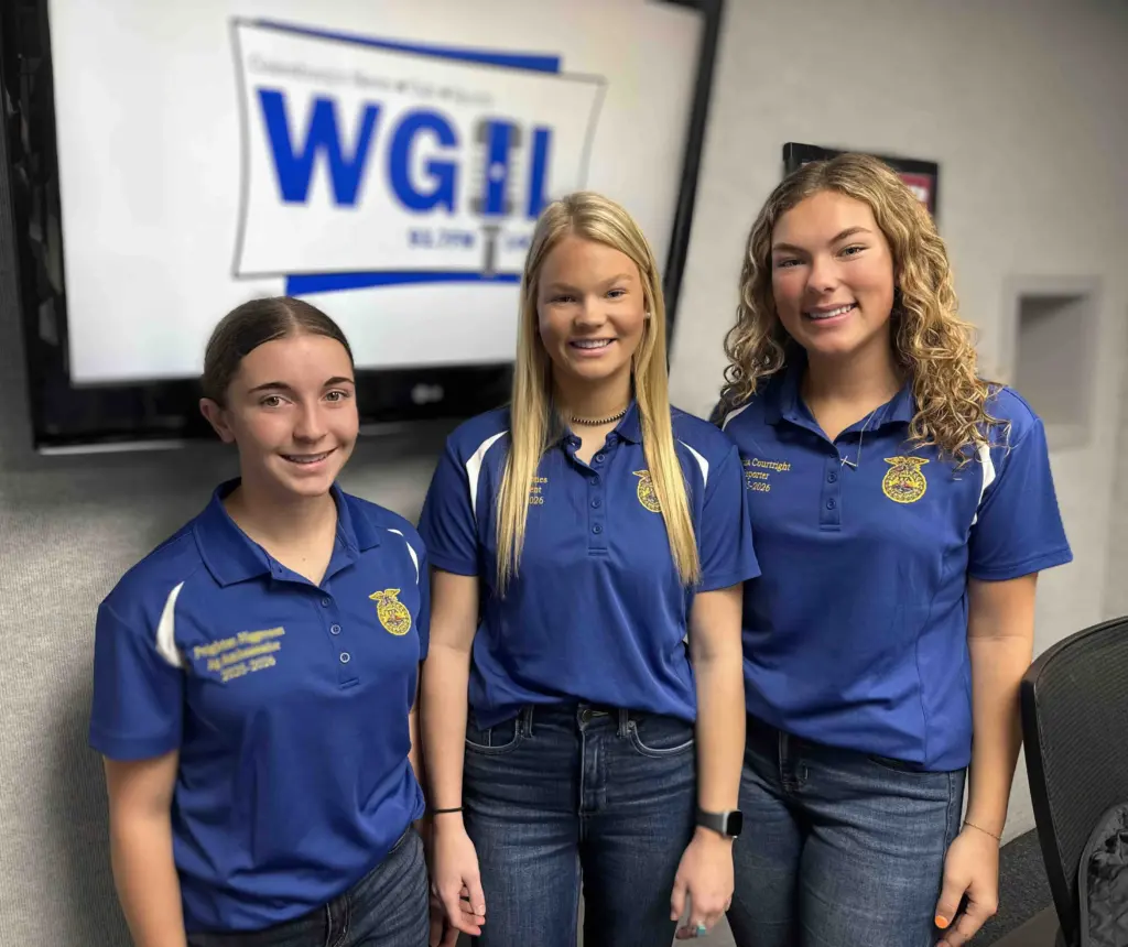 Left to right: Peighton Higgerson, Alivia Jones (ROWVA FFA Chapter President), and Sophia Courtright in the WGIL studio talking about their hugely successful Thanksgiving Food Basket Drive that doubled from 10 to at least 20 baskets thanks to incredible community support.
