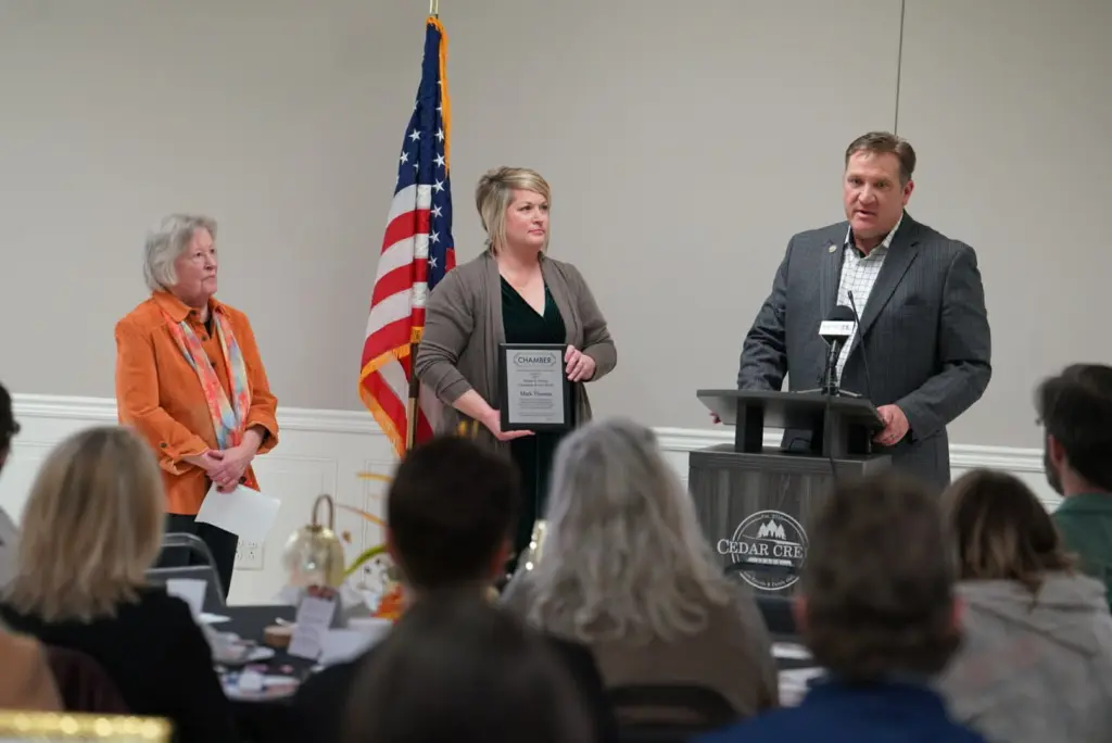 Mark Thomas receives the 2025 Thomas B. Herring Community Service Award during the Galesburg Area Chamber of Commerce Thanksgiving Luncheon at Cedar Creek Hall.
