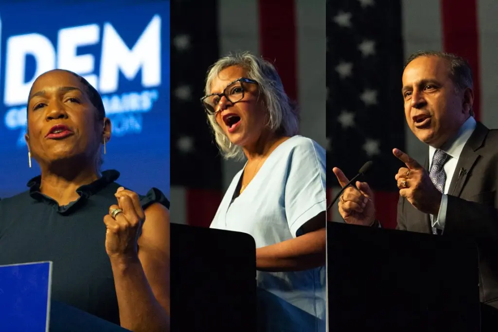 Lt. Gov. Juliana Stratton and U.S. Reps. Robin Kelly and Raja Krishnamoorthi. (Capitol News Illinois photos by Jerry Nowicki)