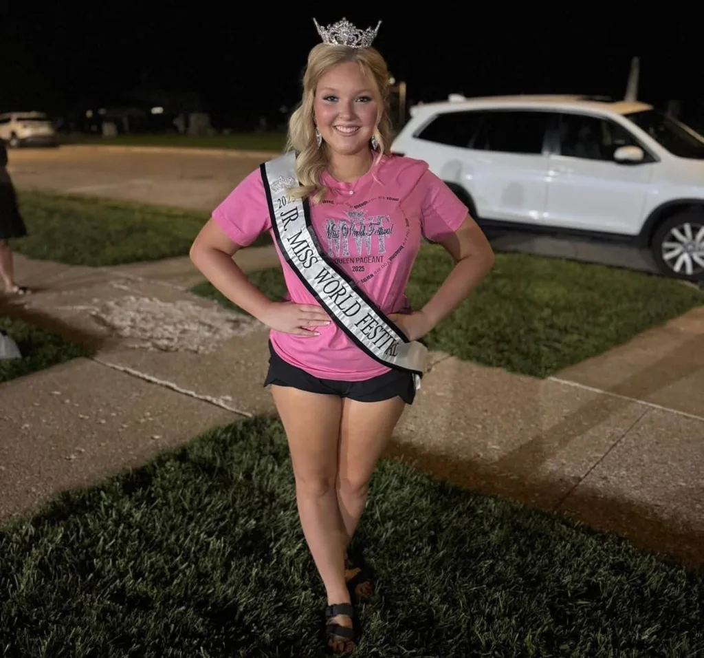 Sophia Sebben, Galesburg High School sophomore and 2025 Jr. Miss World Festival Queen, wearing crown and sash for her St. Jude toy drive.