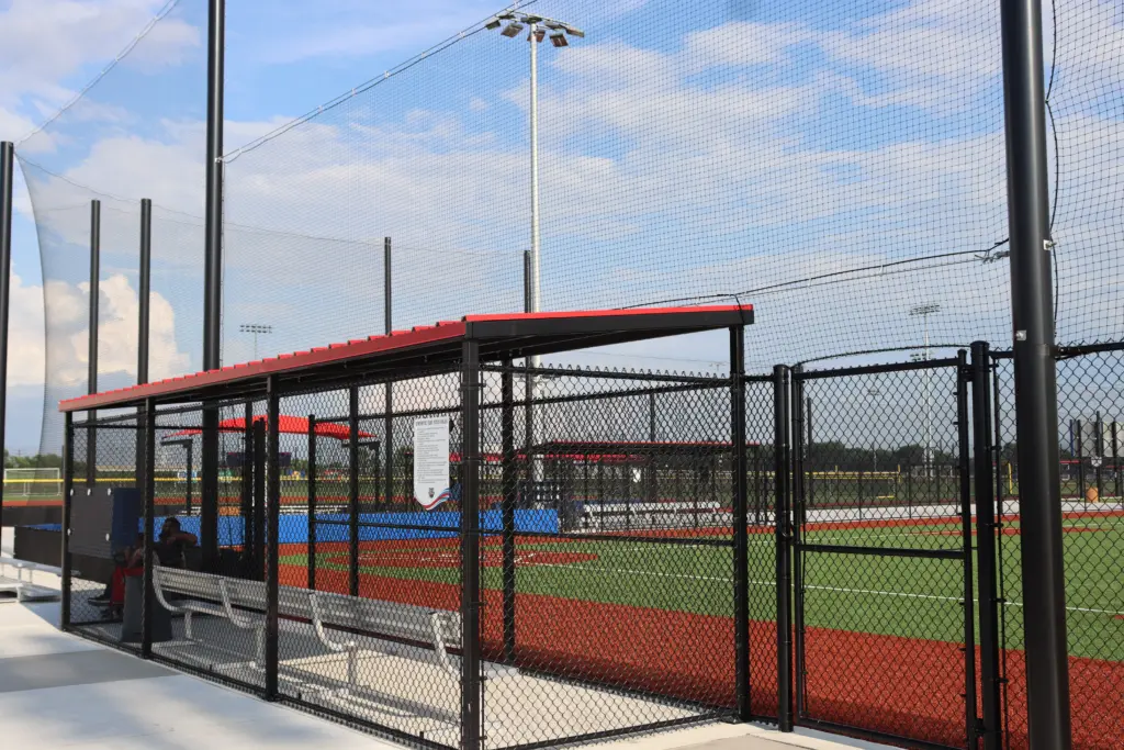 Current concrete dugout at Jimmy Isaacson ball diamond in H.T. Custer Park, Galesburg – proposed replacement with new steel-framed dugouts for better ventilation.