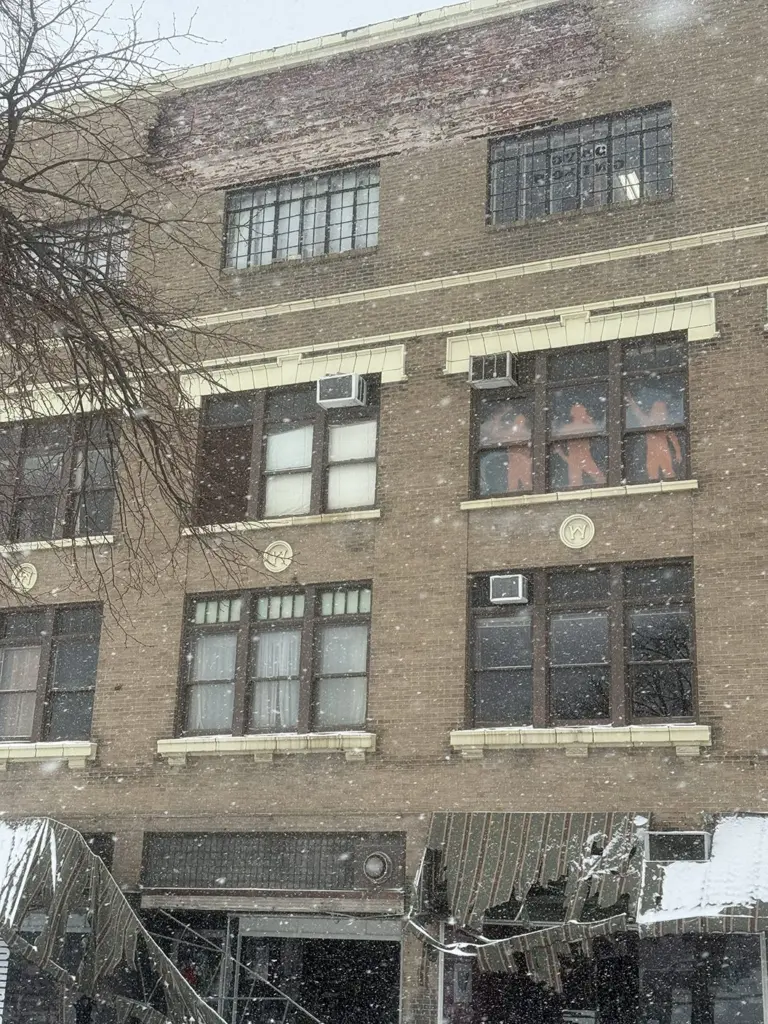 Upper section of Weinberg Arcade building showing area where bricks detached from the facade.