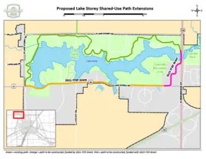 Proposed Lake Storey shared-use path extensions map, showing existing path in green, 2021 ITEP grant phase in orange, and 2023 ITEP grant phase in pink