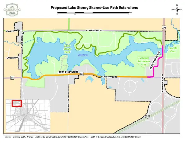 Proposed Lake Storey shared-use path extensions map, showing existing path in green, 2021 ITEP grant phase in orange, and 2023 ITEP grant phase in pink