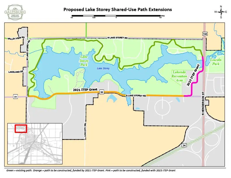 Proposed Lake Storey shared-use path extensions map, showing existing path in green, 2021 ITEP grant phase in orange, and 2023 ITEP grant phase in pink