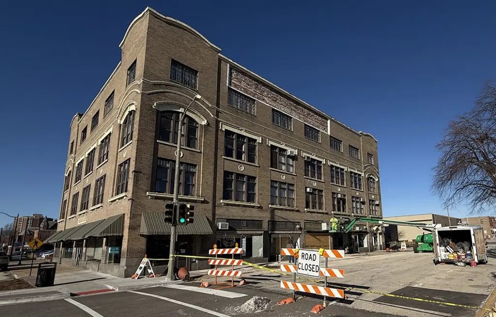Weinberg Arcade building and South Prairie Street closure during facade repairs in downtown Galesburg