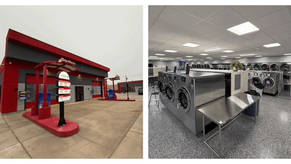 Split view of Sudzy’s Laundromat interior and Precision Touchless Car Wash exterior in Galesburg