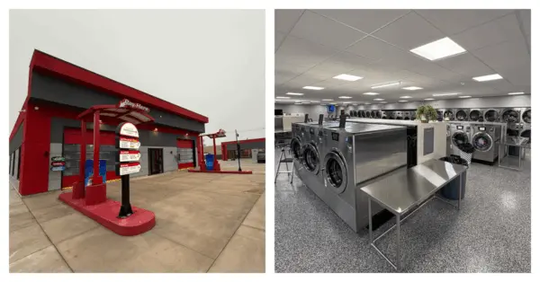 Split view of Sudzy’s Laundromat interior and Precision Touchless Car Wash exterior in Galesburg