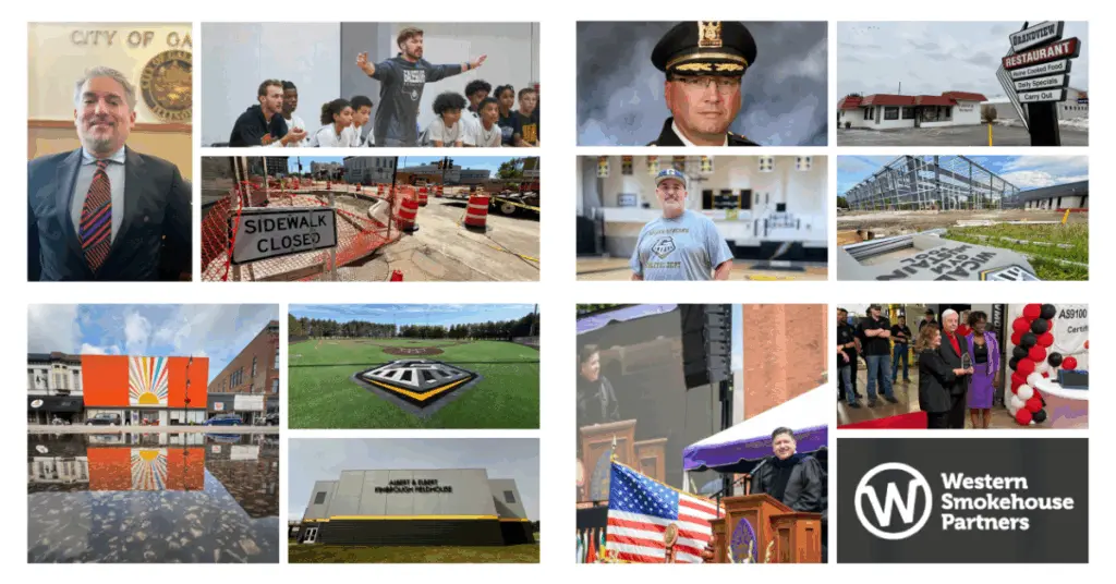 Collage of key 2025 Galesburg stories including Mayor Peter Schwartzman, Taylor Thiel coaching, police chief portrait, Grandview Restaurant sign, construction sites, Orange Cup Sidecar mural reflection, artificial turf field, Kimbrough Fieldhouse, groundbreaking ceremonies, and Western Smokehouse Partners logo.