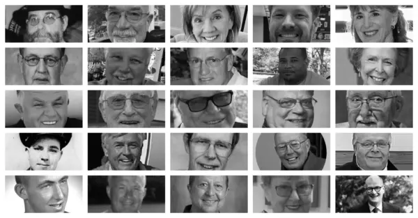 Black and white collage of portraits paying tribute to influential Galesburg-area individuals who passed away in 2025, including educators, healthcare workers, veterans, and civic leaders.