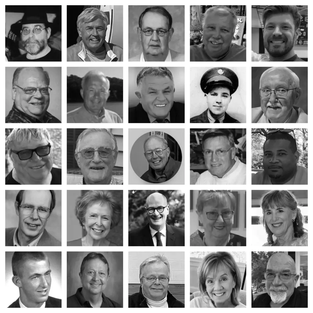 Black and white collage of portraits paying tribute to influential Galesburg-area individuals who passed away in 2025, including educators, healthcare workers, veterans, and civic leaders.