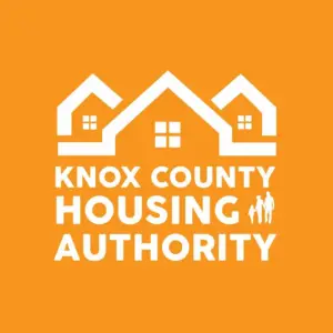 Knox County Housing Authority logo featuring three white house silhouettes on an orange background with bold white text and a family icon