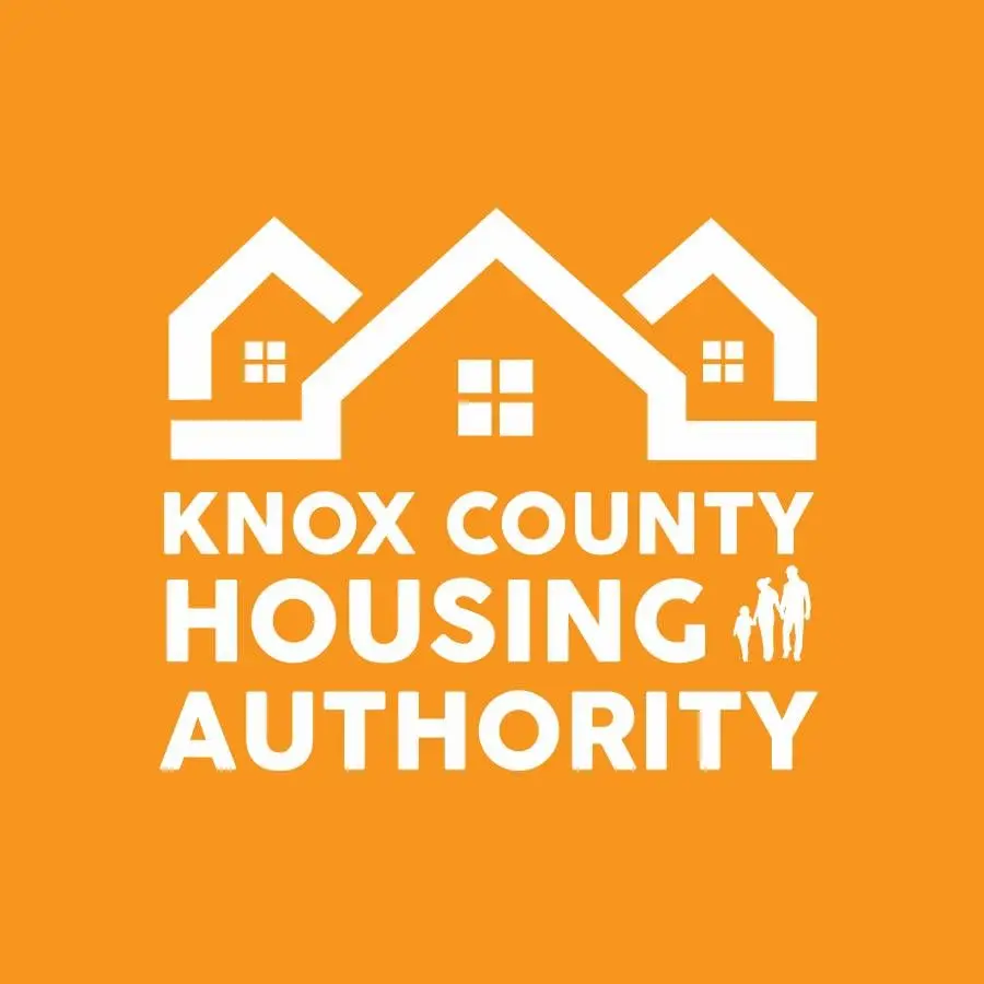 Knox County Housing Authority logo featuring three white house silhouettes on an orange background with bold white text and a family icon