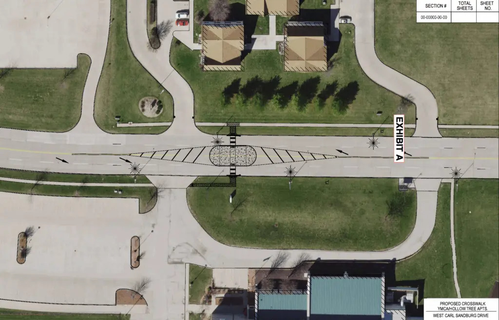 Conceptual plan for proposed crosswalk with pedestrian refuge island on West Carl Sandburg Drive near the Galesburg YMCA and Hollow Tree Apartments