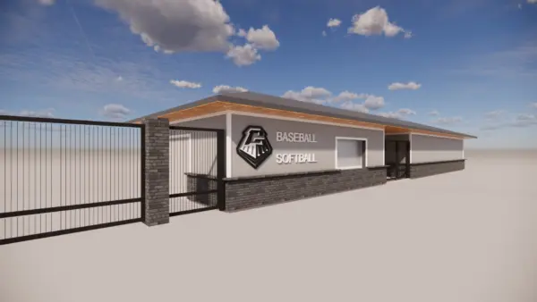 3D rendering of the new baseball and softball concessions and storage building at Bednar Complex in Galesburg, showing fence, gate, and branding.