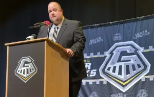Galesburg Athletic Director Nick Young makes remarks during the 2025 Galesburg Athletic Hall of Fame induction on January 17, 2026. (WGIL)