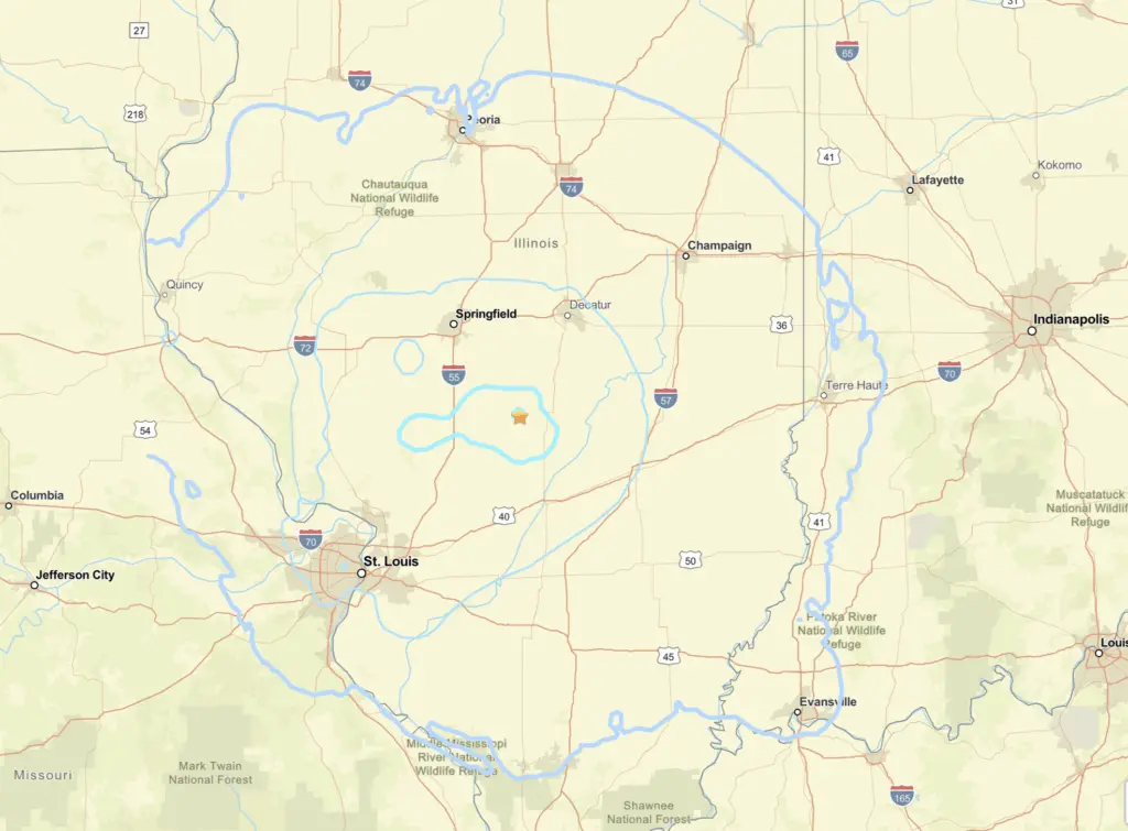 USGS location map of the 3.8 magnitude earthquake near Ohlman, Illinois, early Tuesday, January 20, 2026.