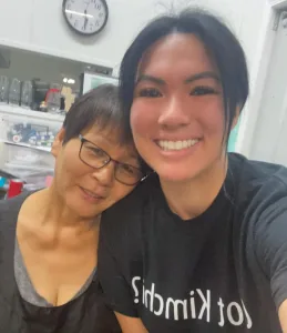 Amber Jordan and Ok Hyon (Kim) Curtis in the kitchen at Koreana Restaurant, Galesburg.