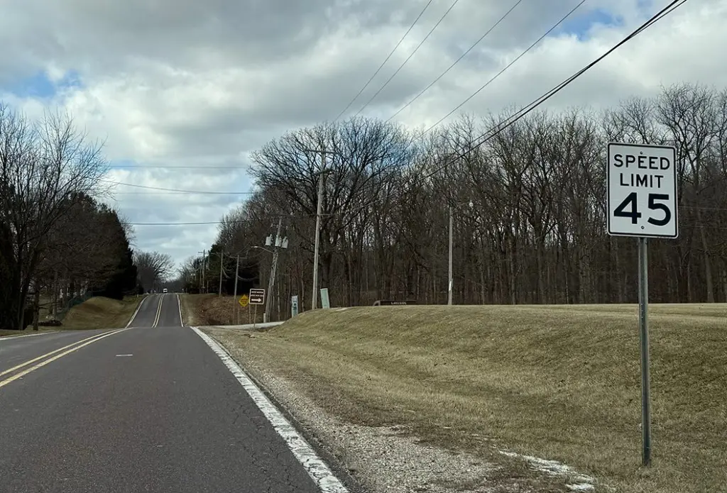 45 mph speed limit sign on South Lake Storey Road in Galesburg, Illinois.