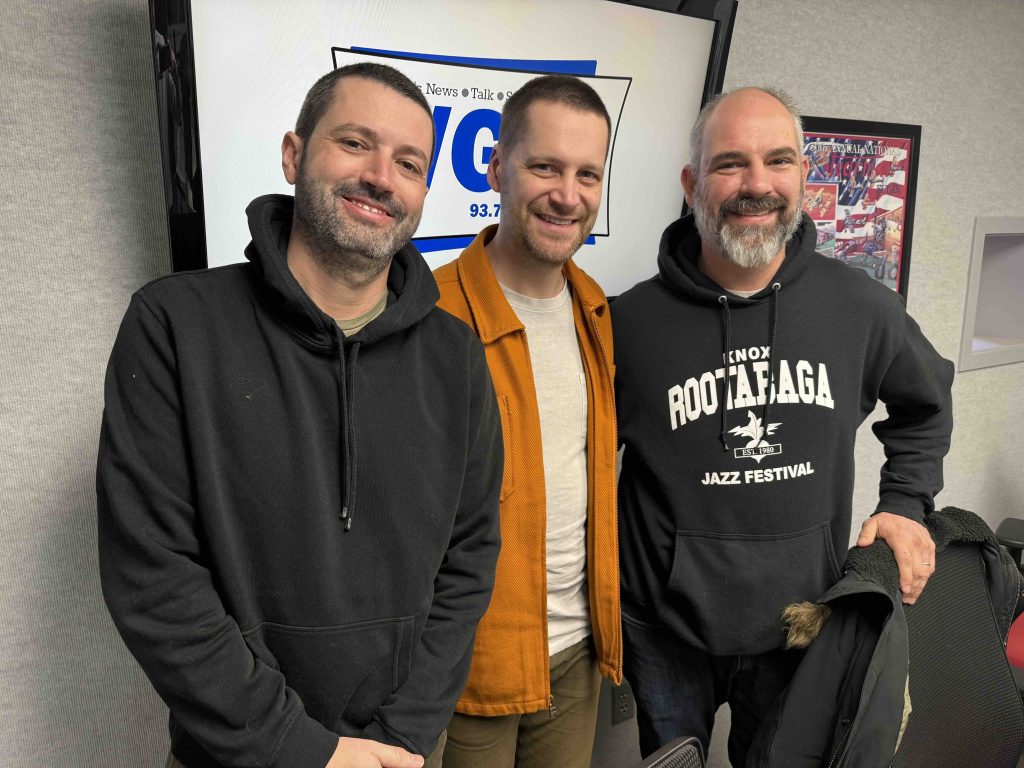 Sean Carey, John Raymond and Andy Crawford in WGIL studio for Knox College Jerome Mirza Jazz Residency interview.