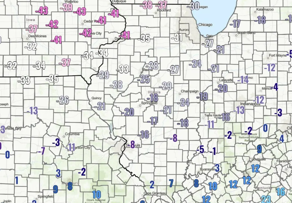 National Weather Service wind chill map shows -25°F to -34°F in Galesburg and central Illinois early Friday, Jan. 23, 2026. NWS meteorologist Chris Geelhart previews the forecast on Morning News. (NWS)