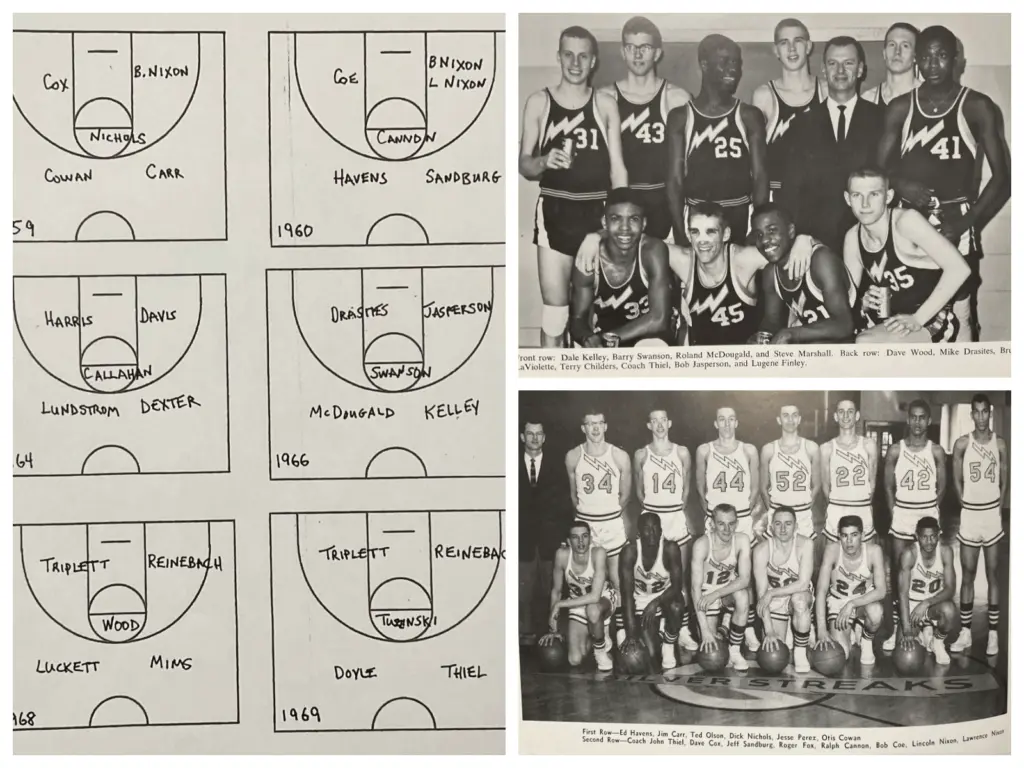 Galesburg High School 2-1-2 offense play diagrams and historical team photos under Coach John Thiel.