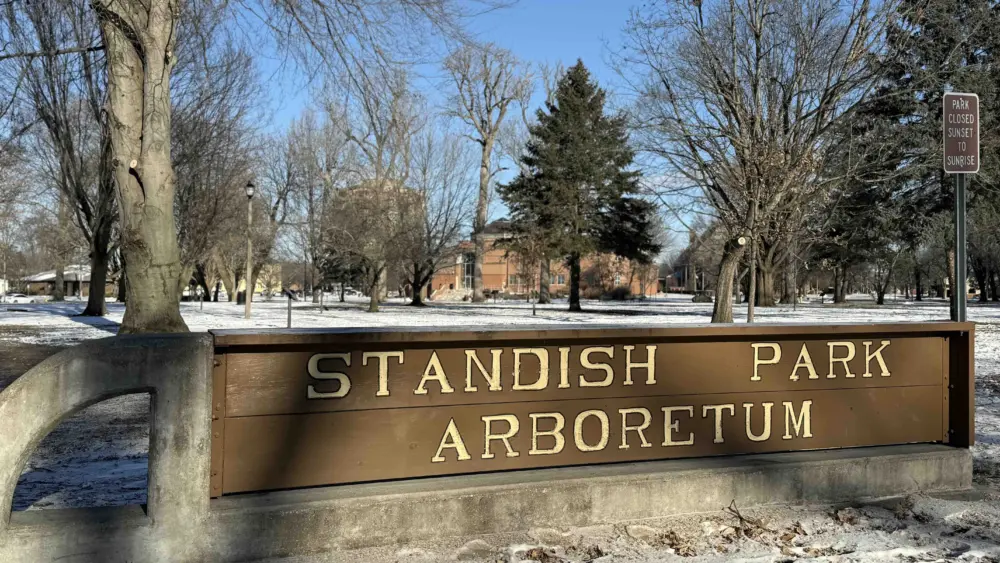 Standish Park Arboretum sign at the entrance to the historic park in downtown Galesburg