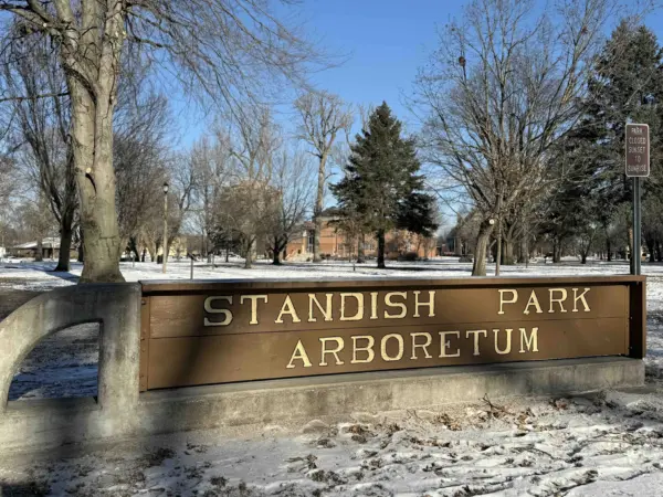 Standish Park Arboretum sign at the entrance to the historic park in downtown Galesburg