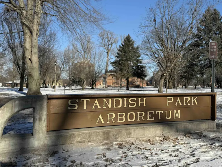 Standish Park Arboretum sign at the entrance to the historic park in downtown Galesburg
