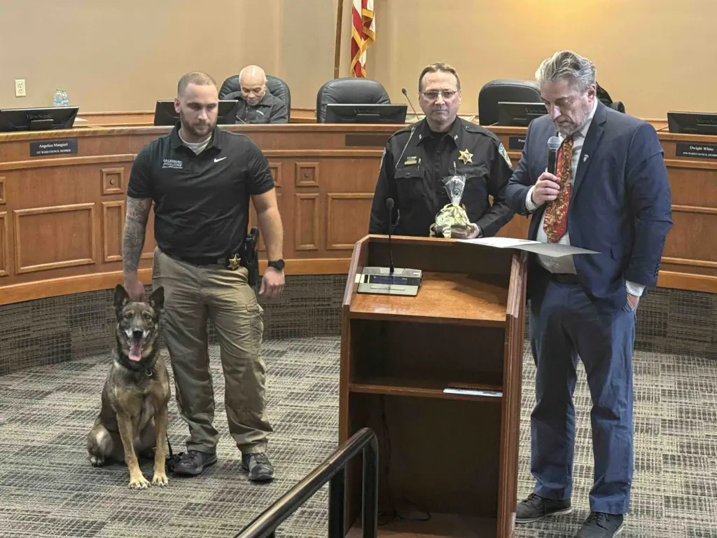 Officer Jake Taylor and K9 Zeus honored with a proclamation at Galesburg City Council meeting