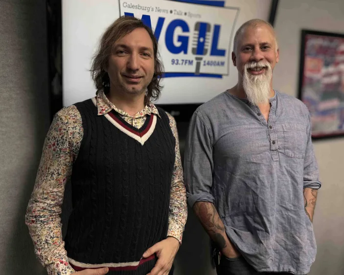 Knox College Professor Robert Geraci and Shibaura Institute Professor Gabriele Trovato in Galesburg radio studio