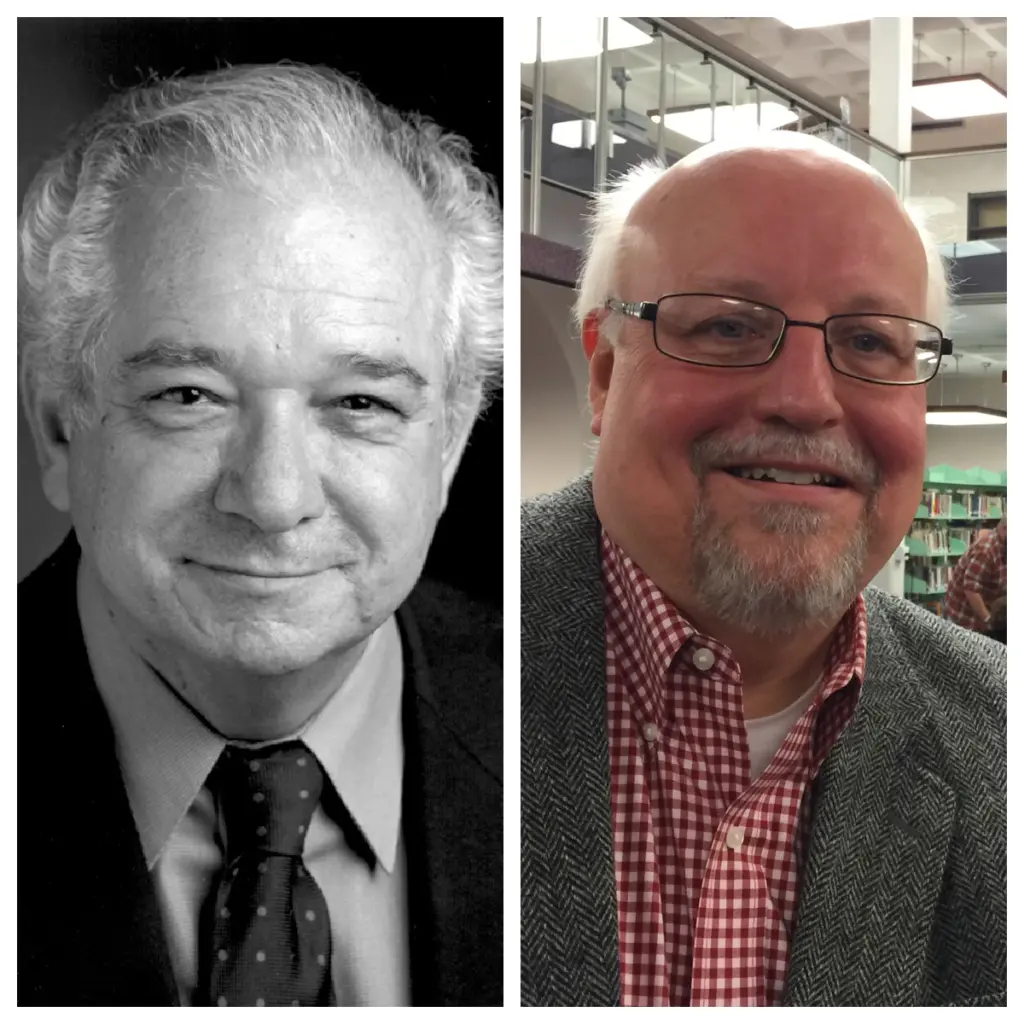 Composite of Joe Angotti in black and white and Robin Johnson in color for podcast tribute