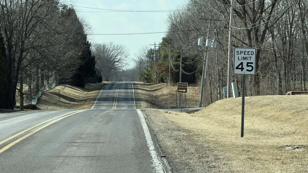 traight section of South Lake Storey Road in Galesburg, Illinois, with a 45 mph speed limit sign visible on February 13, 2026, part of the corridor where the Traffic Advisory Committee recommends speed limit reductions and advisory signs for safety.