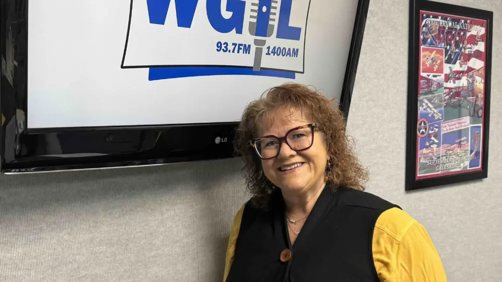 Tami Qualls at WGIL studios in Galesburg, Illinois, discussing the 2026 Women's Community Lenten Series
