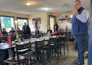 Republican gubernatorial candidate Darren Bailey speaking at Tres Cafe in Galesburg, Illinois