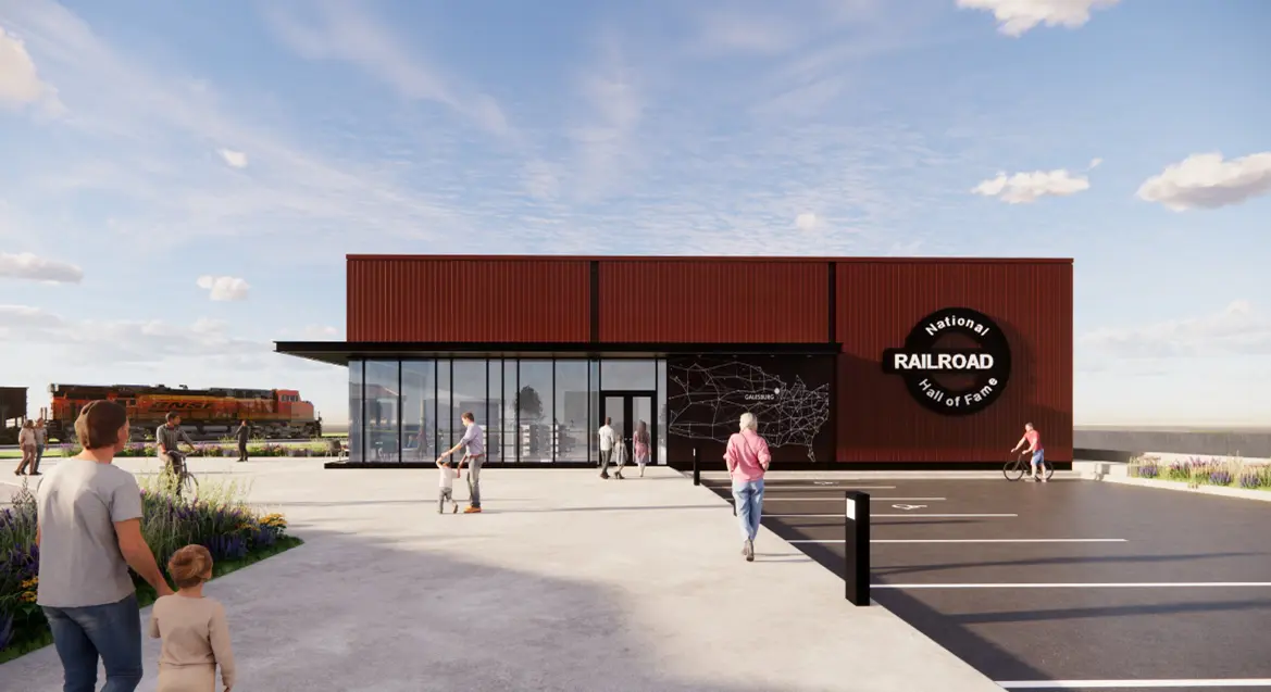Architectural rendering of the National Railroad Hall of Fame visitor center in Galesburg, Illinois