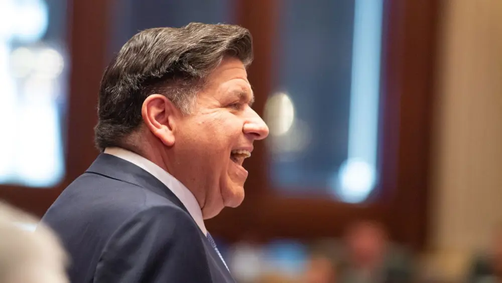 Gov. JB Pritzker delivers his budget address on Wednesday, Feb. 18, 2026. The speech was heavy with historical references to former Illinois governors and criticisms of the Trump administration. (Capitol News Illinois photo by Jerry Nowicki)