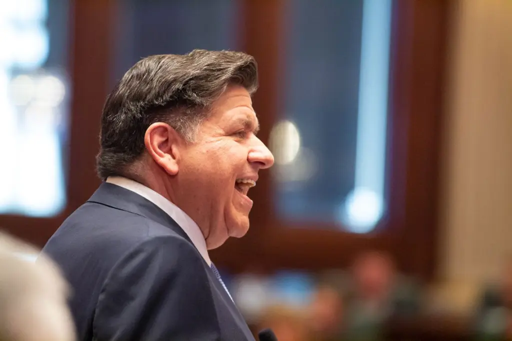 Gov. JB Pritzker delivers his budget address on Wednesday, Feb. 18, 2026. The speech was heavy with historical references to former Illinois governors and criticisms of the Trump administration. (Capitol News Illinois photo by Jerry Nowicki)