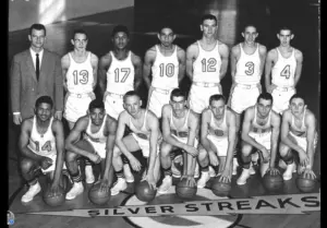 Alt text: The 1956 Galesburg Silver Streaks team photo on the Thiel Gym floor