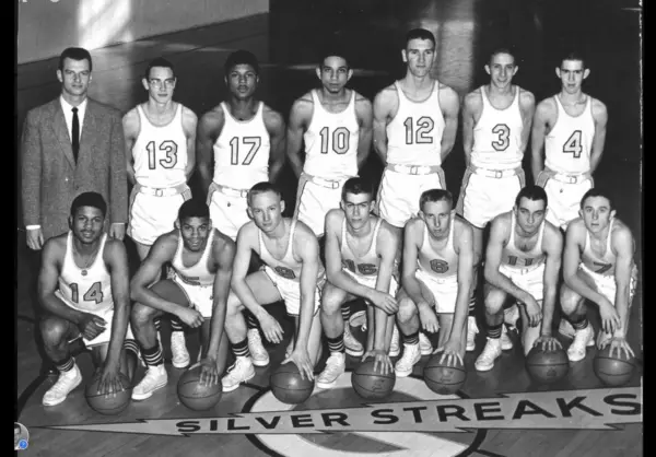 Alt text: The 1956 Galesburg Silver Streaks team photo on the Thiel Gym floor