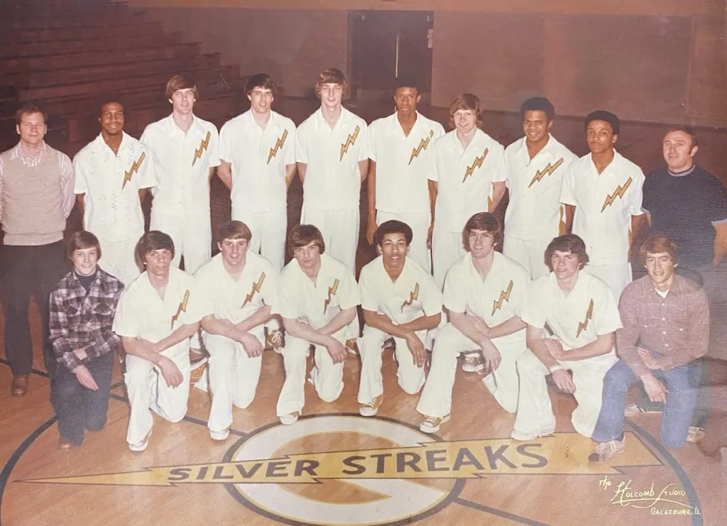 The 1975-76 Galesburg Silver Streaks team photo, taken at Thiel Gym. The 1975-76 Galesburg Silver Streaks team photo taken at Thiel Gym in Galesburg, Illinois