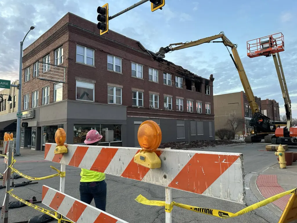 Emergency demolition of fire-damaged building at 149-151 E. Main St. in downtown Galesburg, February 2024