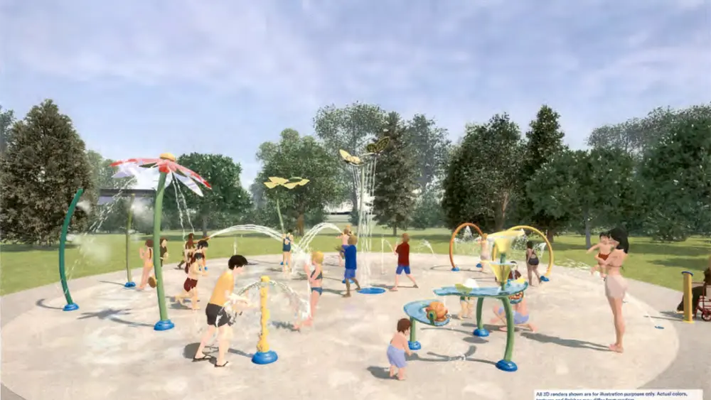Rendering of the Vortex splash pad planned for Cooke Park in Galesburg, Illinois, featuring nature-themed water features for toddlers, families, and teens.